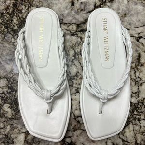 Stuart Weitzman White Braided Leather Thong Sandals